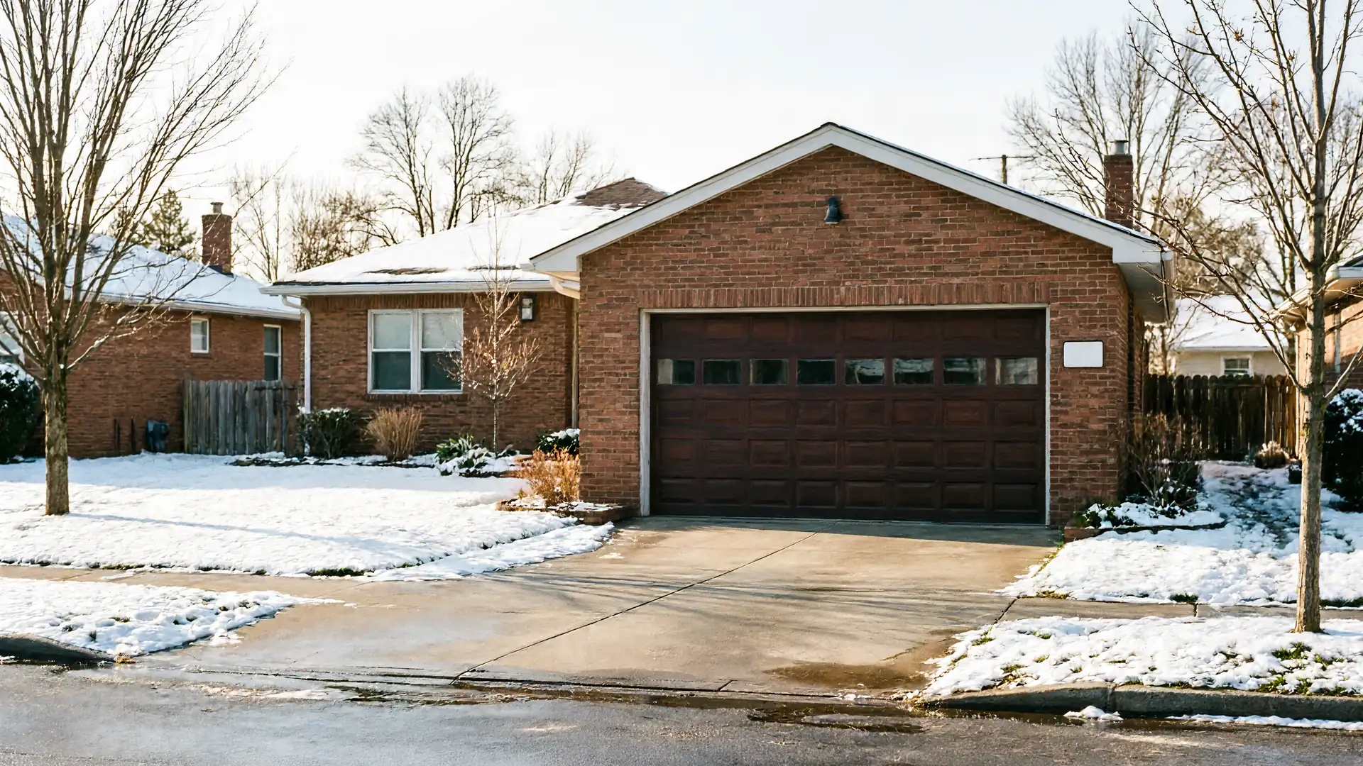 A brick house with a brown garage door and snow on the ground.