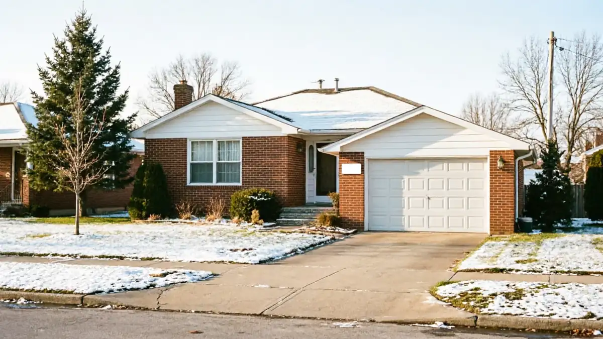 A brick house with a white garage door and a snow-covered lawn.