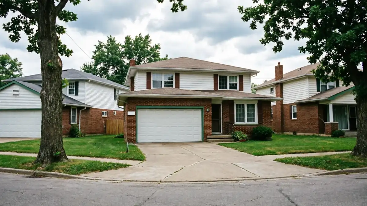 The house has a white garage door with green trim and a concrete driveway.