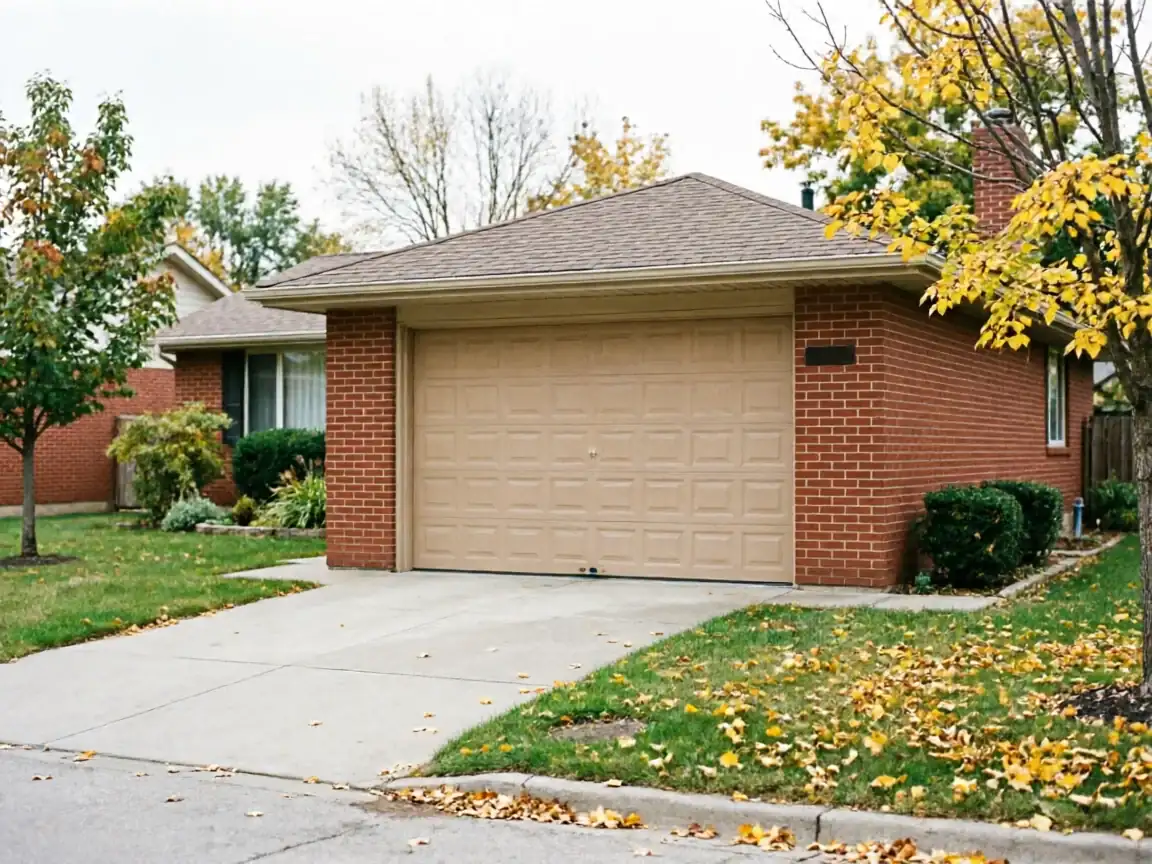 A house with a tan garage door and red brick siding.