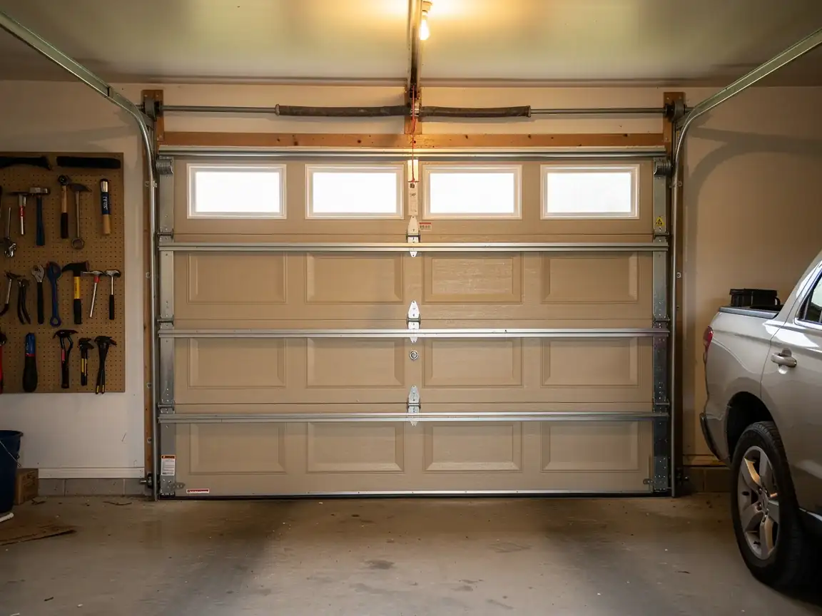 A closed tan garage door with four windows and a torsion spring.