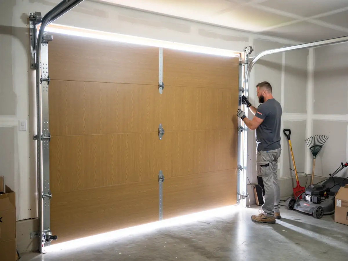 A technician is installing a light brown garage door with metal hinges and tracks.