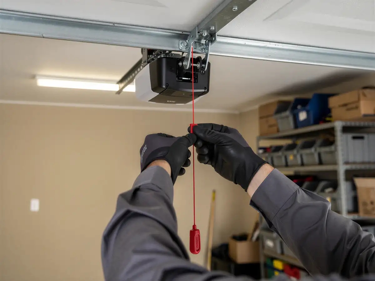 A technician in black gloves pulls the red emergency release cord on a garage door opener.