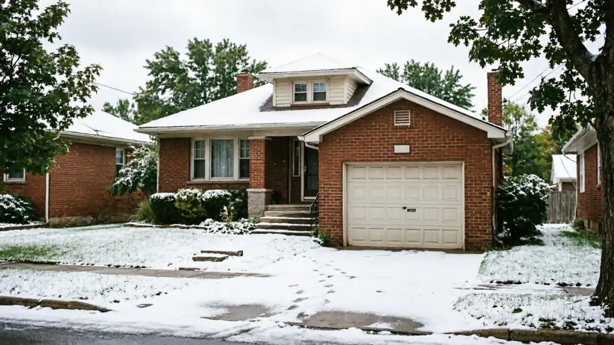The house has a white garage door and a snow-covered roof, lawn, and driveway.
