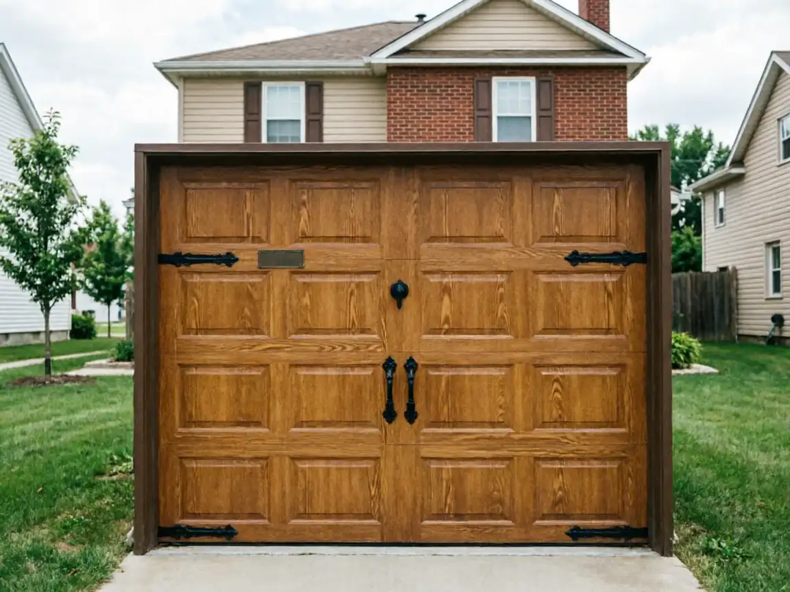 A brown wooden garage door with decorative black hardware stands in front of a house.